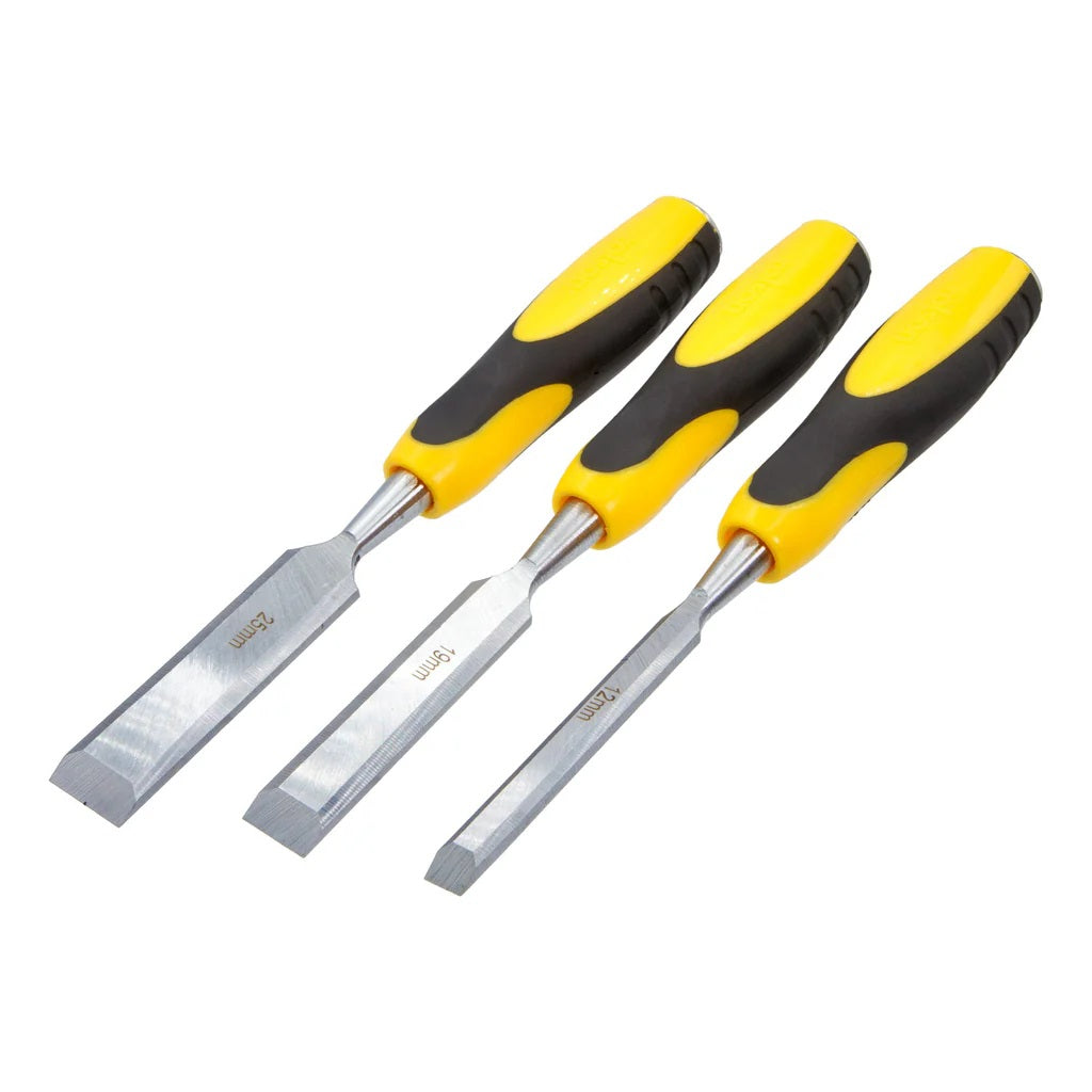 Rolson Wood Chisel Yellow and Black Pack of 3 56158 | Sizes - 12mm-19mm-25mm | Drop Forged | Heat Treated | Precision Ground Blades | Impact Resistant Plastic Handles | Ideal for Carpentry-Woodworking and DIY Projects