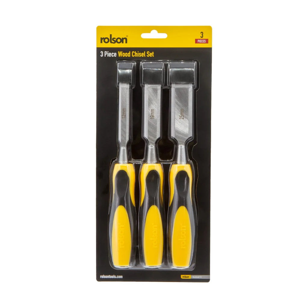 Rolson Wood Chisel Yellow and Black Pack of 3 56158 | Sizes - 12mm-19mm-25mm | Drop Forged | Heat Treated | Precision Ground Blades | Impact Resistant Plastic Handles | Ideal for Carpentry-Woodworking and DIY Projects