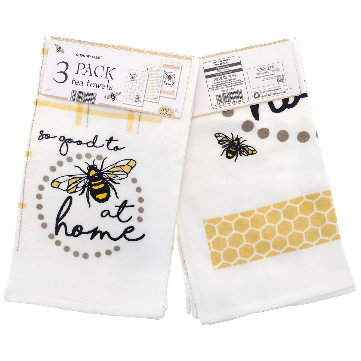 Country Club Bee at Home Velour Tea Towels Multicolour 40cm x x 64cm Pack of 3 KTS240577 | 100 Percent Cotton