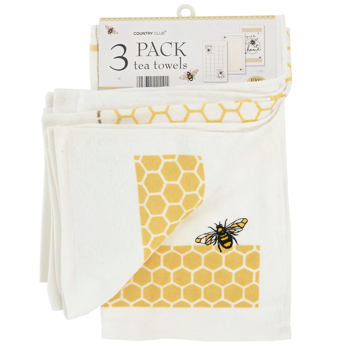 Country Club Bee at Home Velour Tea Towels Multicolour 40cm x x 64cm Pack of 3 KTS240577 | 100 Percent Cotton