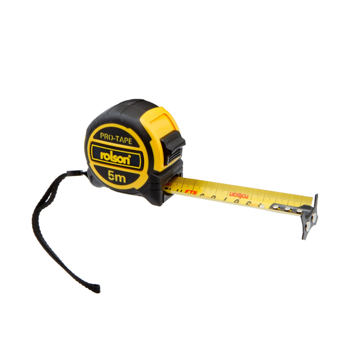 Rolson Pro-Tape Tape Measure Yellow and Black 5Mtr 50555 | 32mm Blade Width | With Release Button | Metal Belt Clip and Carry Strap