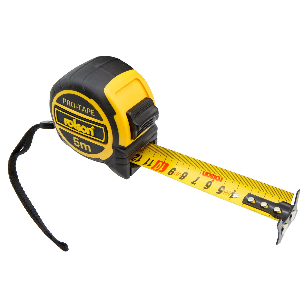 Rolson Pro-Tape Tape Measure Yellow and Black 5Mtr 50555 | 32mm Blade Width | With Release Button | Metal Belt Clip and Carry Strap