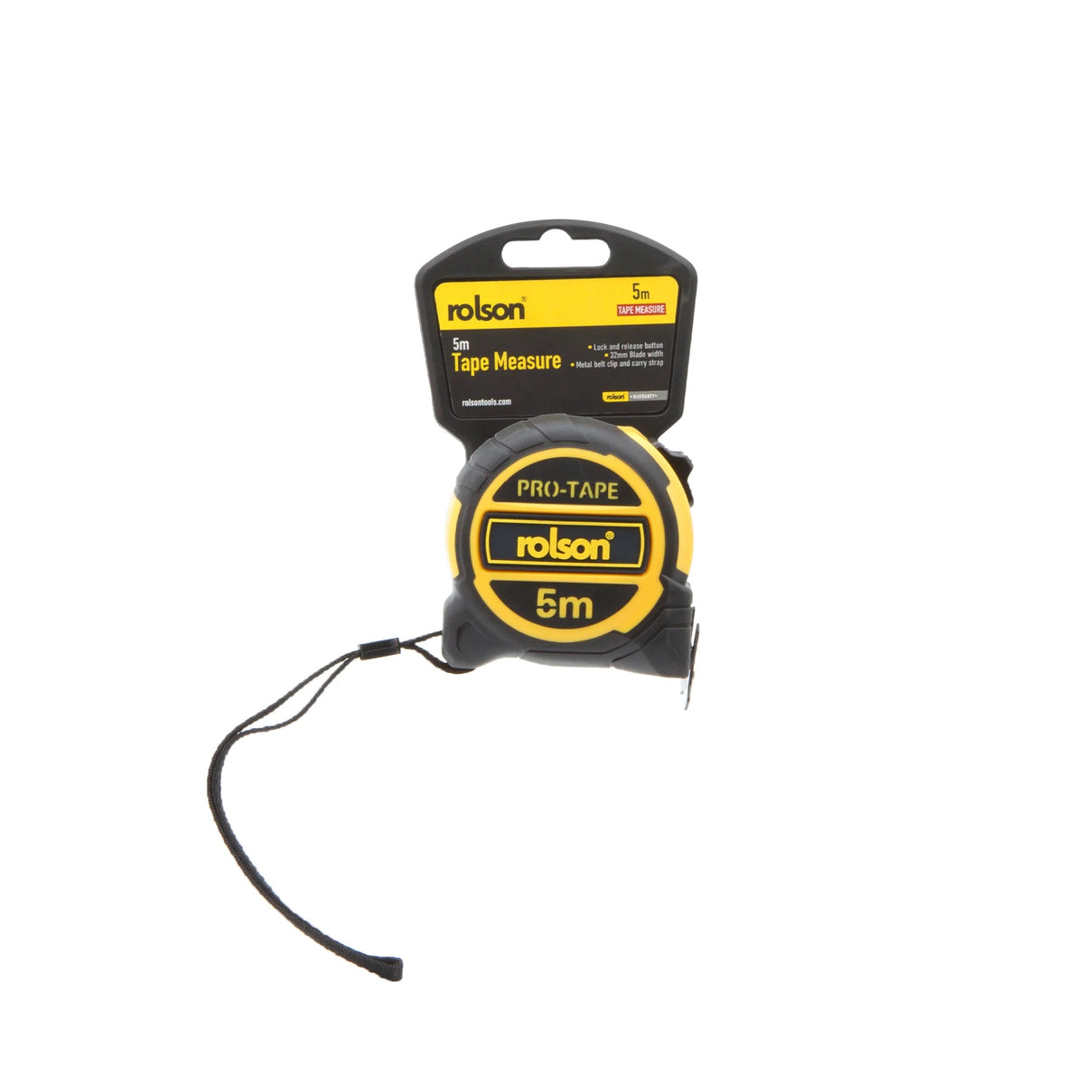 Rolson Pro-Tape Tape Measure Yellow and Black 5Mtr 50555 | 32mm Blade Width | With Release Button | Metal Belt Clip and Carry Strap