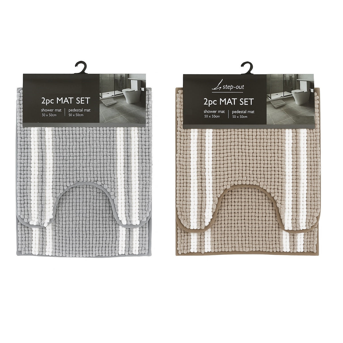 Country Club Mat Set Assorted Colours Pack of 2 BMS231452 | Striped Shower Mat - 50cm x 50cm | Striped Pedestal Mat - 50cm x 40cm