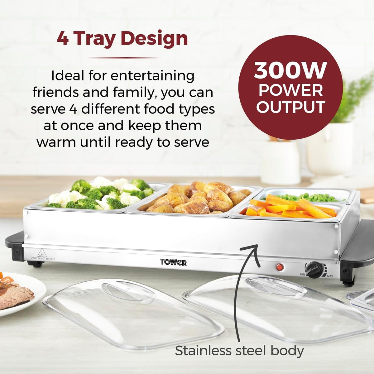 Tower 4 Tray Buffet Server and Plate Warmer Silver H15.5cm x W62.5cm x D36.5cm 7.4Ltr T16151 | 3 Removable Serving Trays | Adjustable Heat Control - Suitable for All Cuisines | Plate Warming Function - Keeps Food Hotter for Longer