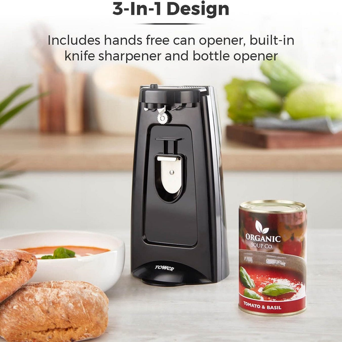 Tower 3-in-1 Electric Can Opener Black H23cm x W12cm x D13cm T19007 | Opens most Can Sizes | Built-in Knife Sharpener and Bottle Opener | Hidden Cord Storage