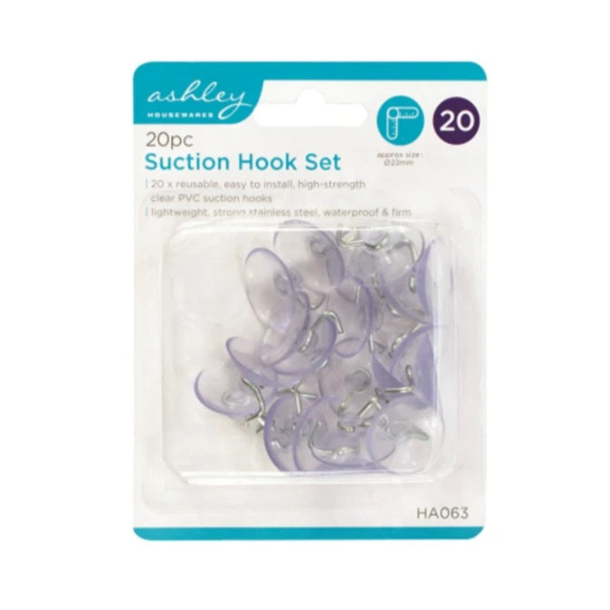 Ashley Housewares Suction Hook Clear 22mm Pack of 20 HA063 | PVC Suction Cups with Stainless Steel Hooks | Reusable-Waterproof and Easy to Install | High Strength and Firm | For Hanging Signs-Decorations-keys-Kitchen Utensils and More