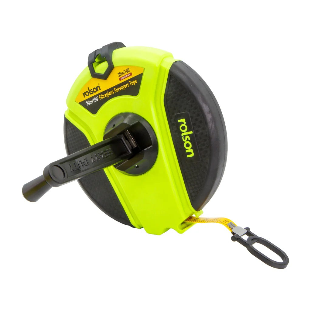 Rolson Fibreglass Surveyors Tape Black and Green 30Mtr x 15mm x 0.45mm 50740 | Measuring Reel | PVC Coated Tape | With Rewind Handle | Metric and Imperial Markings