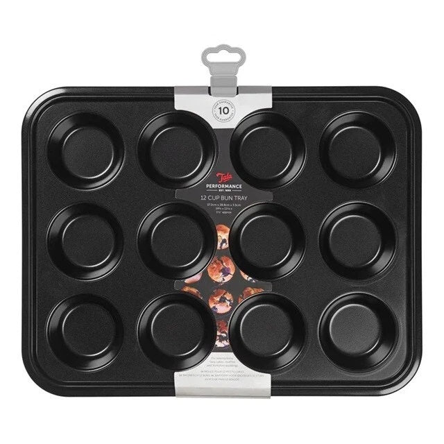 Tala Performance 12 Cup Bun Tray Black 37.2cm x 28.8cm x 3.5cm 10A10641 | Tough and Durable | Easy to Clean | BPA Free | 2-Layer Non Stick | Fridge and Freezer Safe | Dishwasher Safe | Oven Safe | Metal Utensil Safe