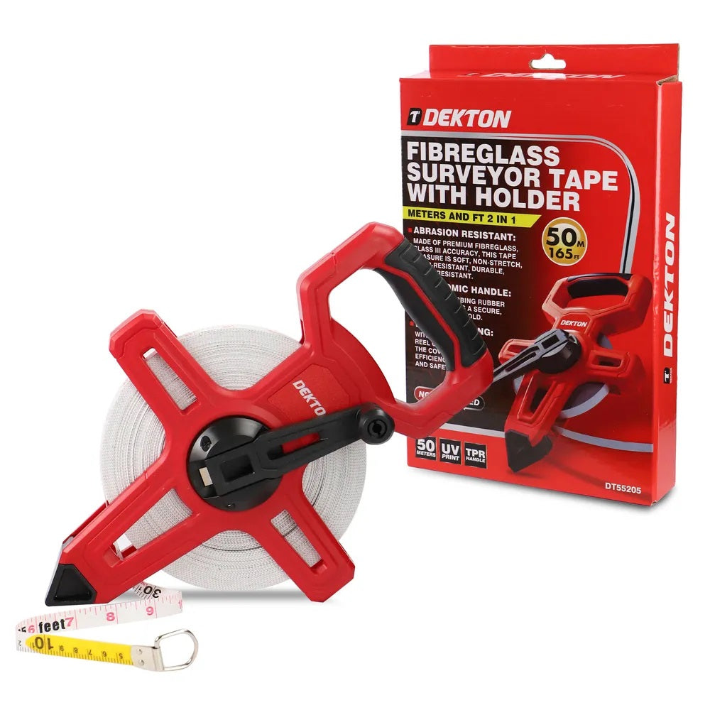 Dekton Fibreglass Surveyor Tape with Holder Red and Black 50Mtr DT55205 | UV Print | TRP Handle | Abrasion Resistant | Ergonomic Handle | Fast Rewinding | Durable Non-Stretch Measuring Reel | Meters and Ft 2 In 1
