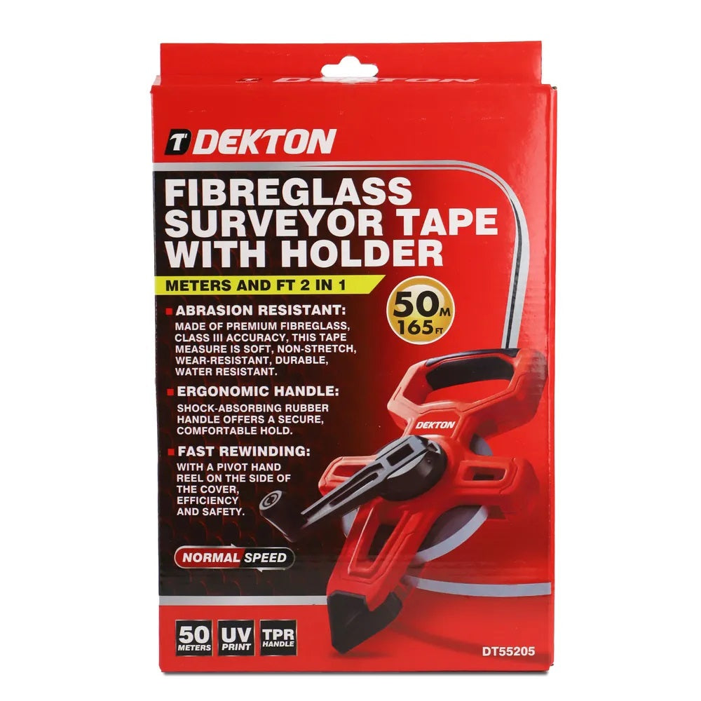 Dekton Fibreglass Surveyor Tape with Holder Red and Black 50Mtr DT55205 | UV Print | TRP Handle | Abrasion Resistant | Ergonomic Handle | Fast Rewinding | Durable Non-Stretch Measuring Reel | Meters and Ft 2 In 1