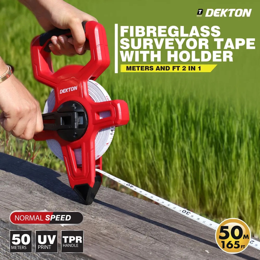 Dekton Fibreglass Surveyor Tape with Holder Red and Black 50Mtr DT55205 | UV Print | TRP Handle | Abrasion Resistant | Ergonomic Handle | Fast Rewinding | Durable Non-Stretch Measuring Reel | Meters and Ft 2 In 1