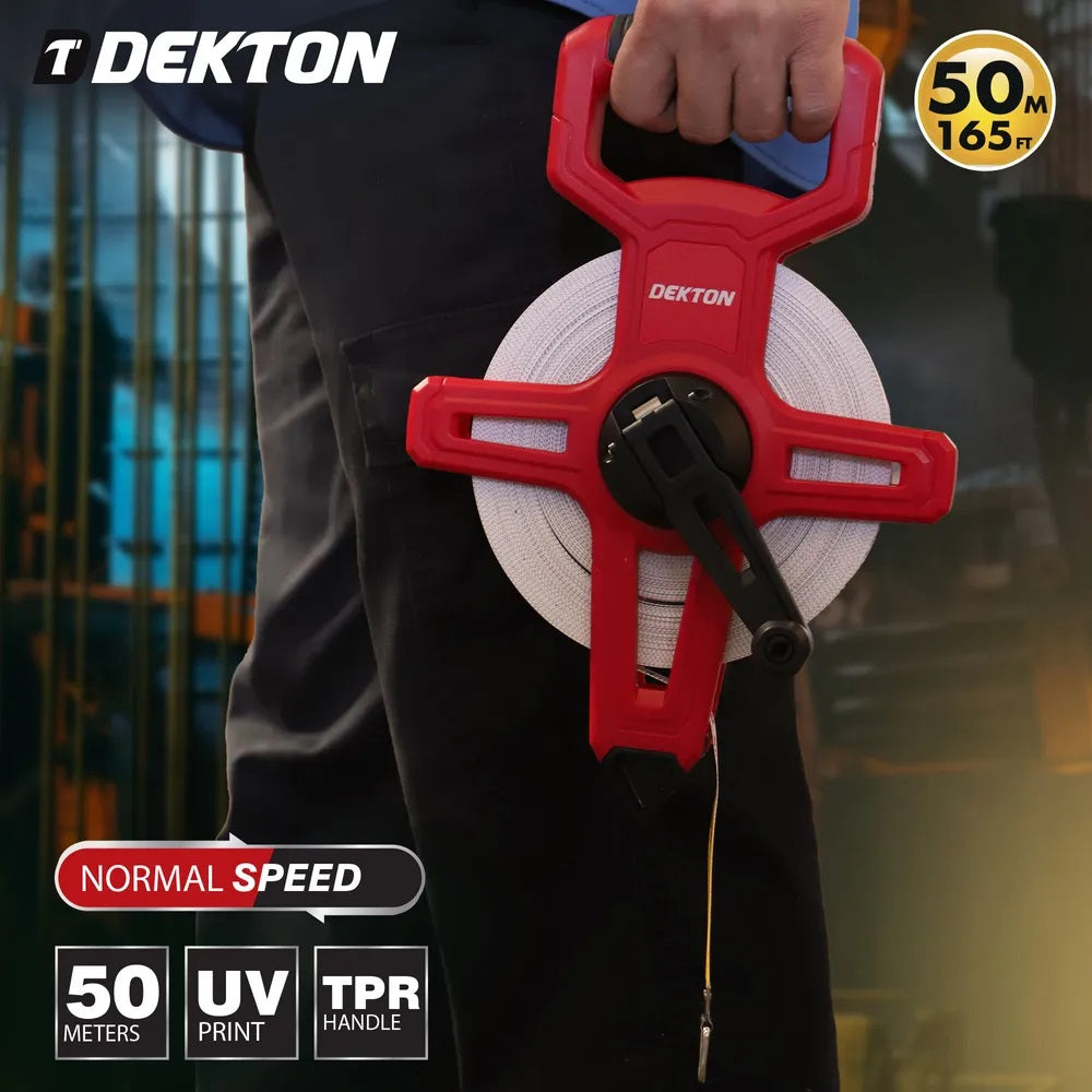 Dekton Fibreglass Surveyor Tape with Holder Red and Black 50Mtr DT55205 | UV Print | TRP Handle | Abrasion Resistant | Ergonomic Handle | Fast Rewinding | Durable Non-Stretch Measuring Reel | Meters and Ft 2 In 1