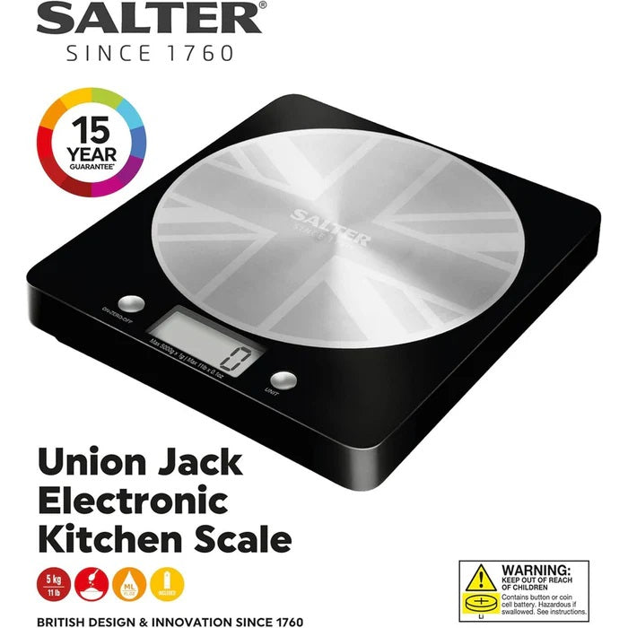 Salter Union Jack Electronic Kitchen Scale Black 22cm x 22cm x 25cm 1036 UJBKDRCEU | 5kg Capacity | Digital Food Weighing Scale | Aquatronic for Liquids | Add and Weigh for Multiple Ingredients | Stainless Steel Platform | Batteries Included | Slim for