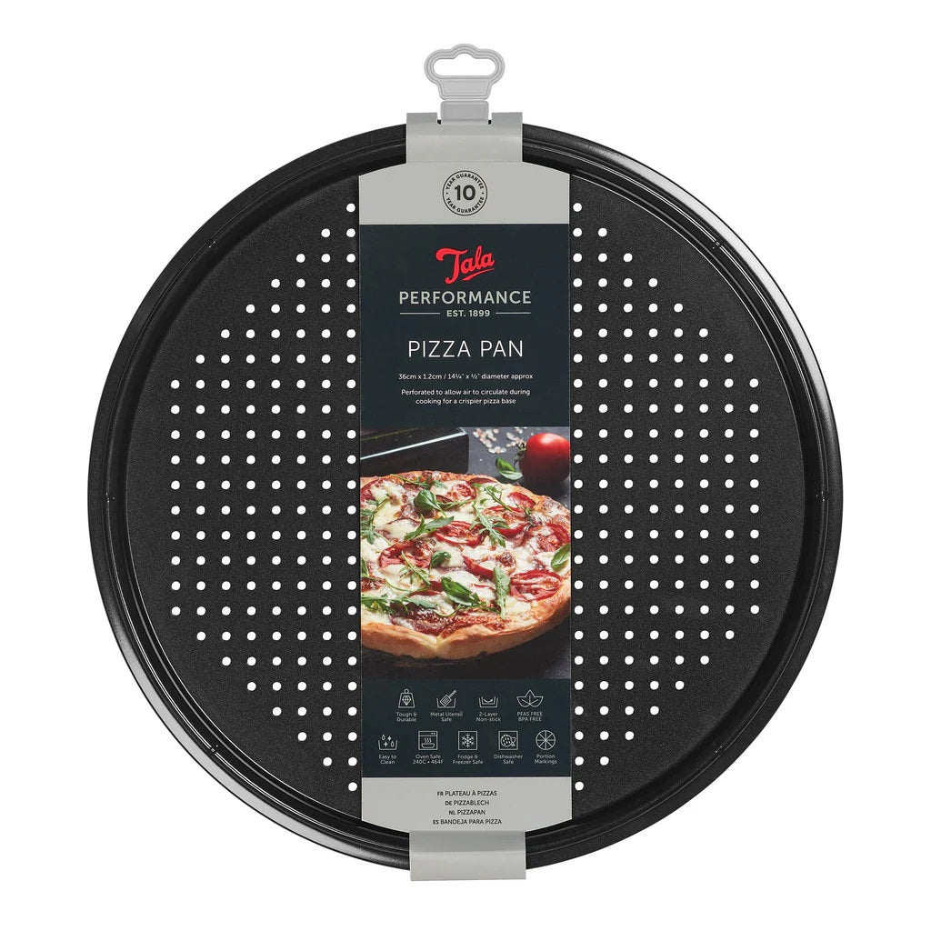 Tala Performance Crisper Pizza Pan Black 36cm 10A10688 | Tough and Durable | Metal Utensil Safe | 2-Layer Non Stick | BPA Free | Easy to Clean | Fridge and Freezer Safe | Dishwasher Safe | Oven Safe | Portion Markings