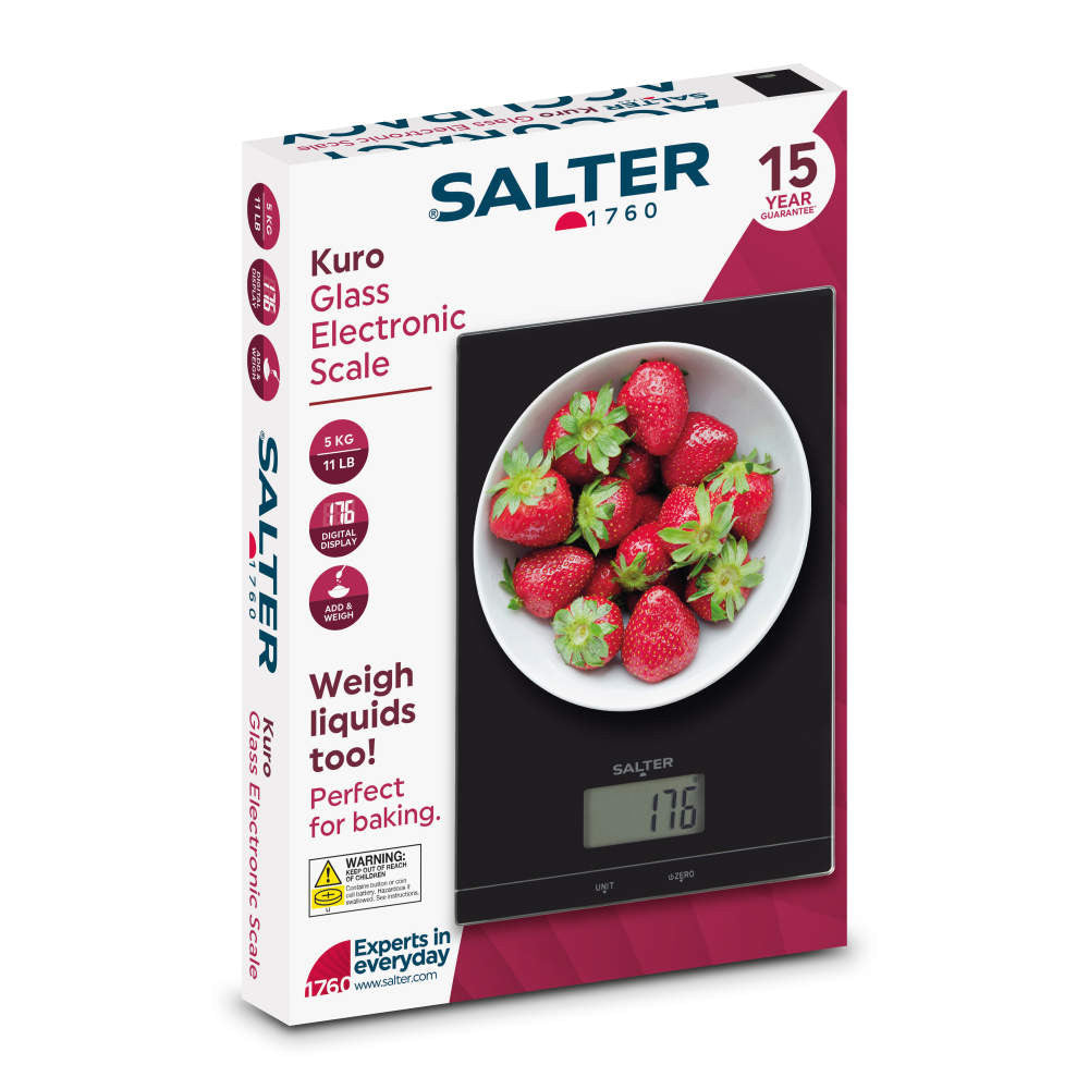 Salter Kuro Glass Electronic Kitchen Scale Black SA00450KFEU12 | 5Kg Capacity | Digital Food Weighing Scale | Aquatronic for Liquids | Add and Weigh Multiple Ingredients | Easy Read LCD Display | Slim Design | Perfect for Baking | Batteries Included