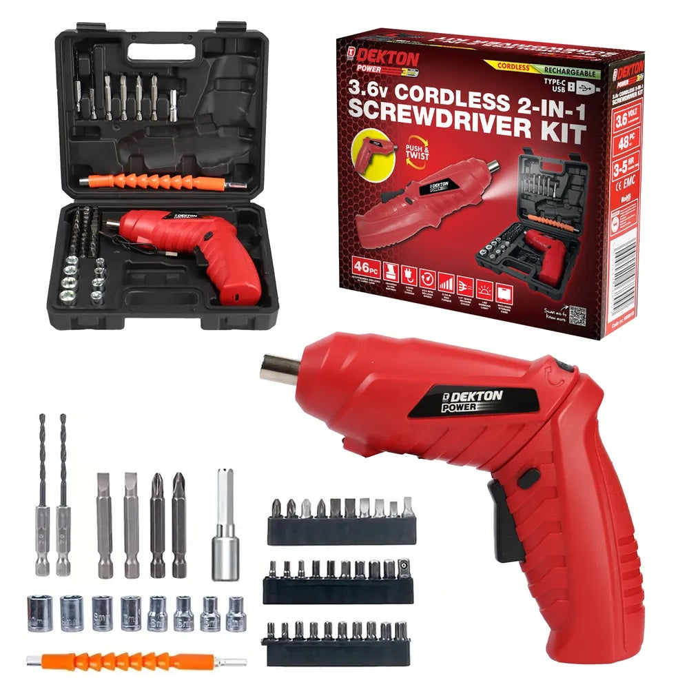Dekton Cordless 2-in-1 Screwdriver Kit Red Pack of 48 600015 | 3.6v | Rechargeable Type-C USB | 1500mAh Li-Ion battery | 3.5Hr Full Charge | 200 RPM No Load Speed | 2.0N.M max Torque | 0.25-Inch QUick Release Chuck | LED Working Light | Push and Twist Function | Accessories Included in Carry Case