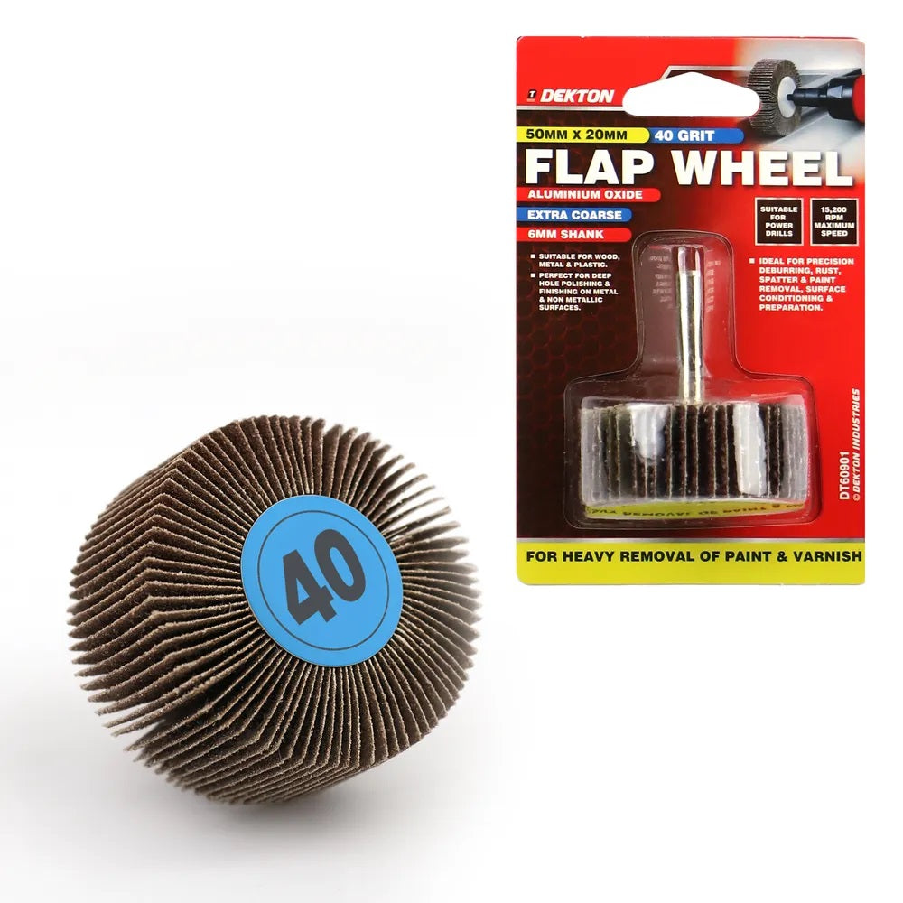Dekton Flap Wheel Silver 50mm x 20mm DT60901 | 40 Grit | Extra Coarse | Aluminium Oxide | With 6mm Shank | For Precision Deburring-Rust-Paint and Varnish Removal | For Wood-Metal and Non-Metallic Surface Preparation | 15200 RPM Maximum Speed