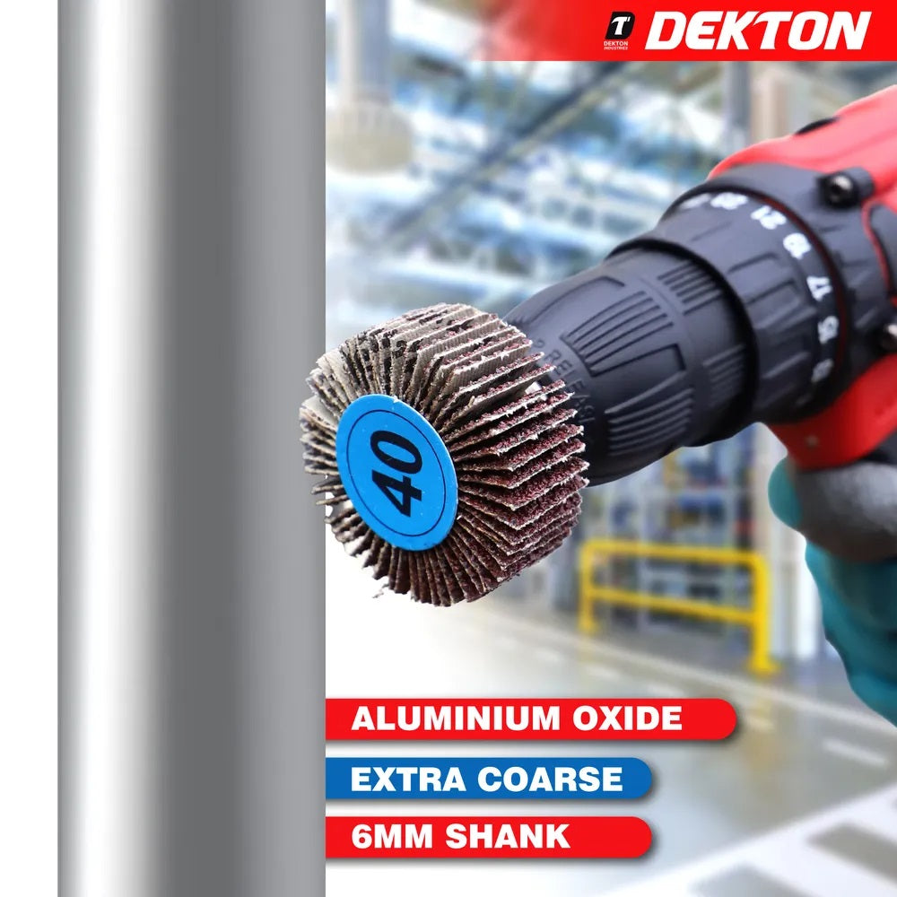 Dekton Flap Wheel Silver 50mm x 20mm DT60901 | 40 Grit | Extra Coarse | Aluminium Oxide | With 6mm Shank | For Precision Deburring-Rust-Paint and Varnish Removal | For Wood-Metal and Non-Metallic Surface Preparation | 15200 RPM Maximum Speed