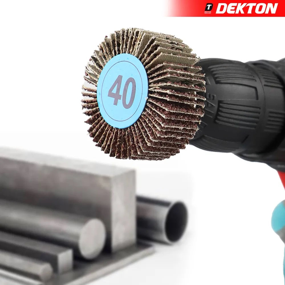 Dekton Flap Wheel Silver 50mm x 20mm DT60901 | 40 Grit | Extra Coarse | Aluminium Oxide | With 6mm Shank | For Precision Deburring-Rust-Paint and Varnish Removal | For Wood-Metal and Non-Metallic Surface Preparation | 15200 RPM Maximum Speed