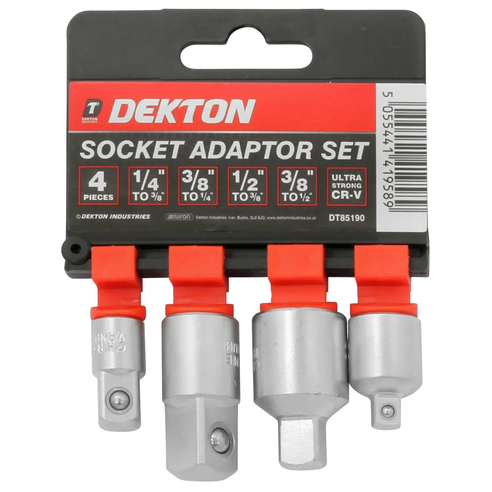 Dekton Socket Adaptor Silver Pack of 4 DT85190 | CR-V Ultra Strong Steel | 0.37-Inch | 0.25-Inch | 0.5-Inch | For Sockets and Ratchets
