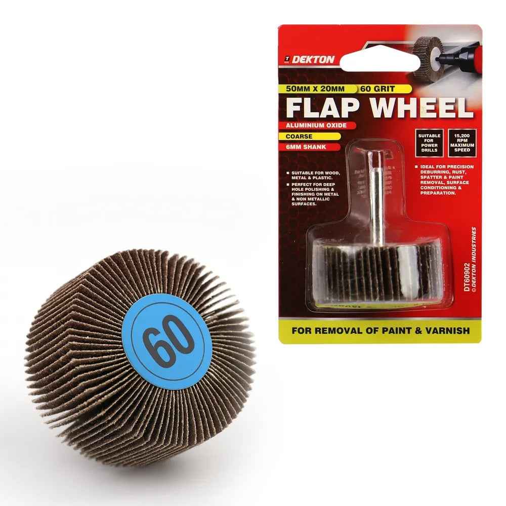 Dekton Flap Wheel Silver 50mm x 20mm DT60902 | 60 Grit | Extra Coarse | Aluminium Oxide | With 6mm Shank | For Precision Deburring-Rust-Paint and Varnish Removal | For Wood-Metal and Non-Metallic Surface Preparation | 15200 RPM Maximum Speed