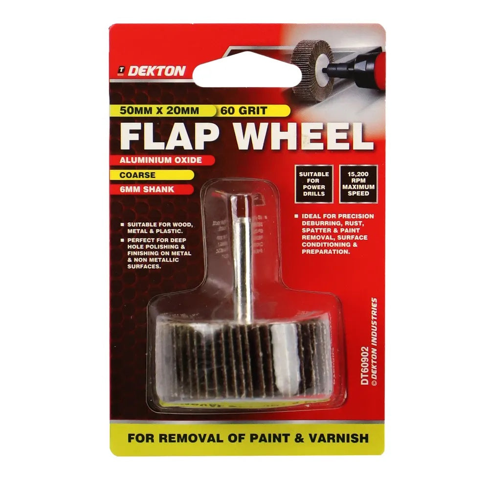 Dekton Flap Wheel Silver 50mm x 20mm DT60902 | 60 Grit | Extra Coarse | Aluminium Oxide | With 6mm Shank | For Precision Deburring-Rust-Paint and Varnish Removal | For Wood-Metal and Non-Metallic Surface Preparation | 15200 RPM Maximum Speed
