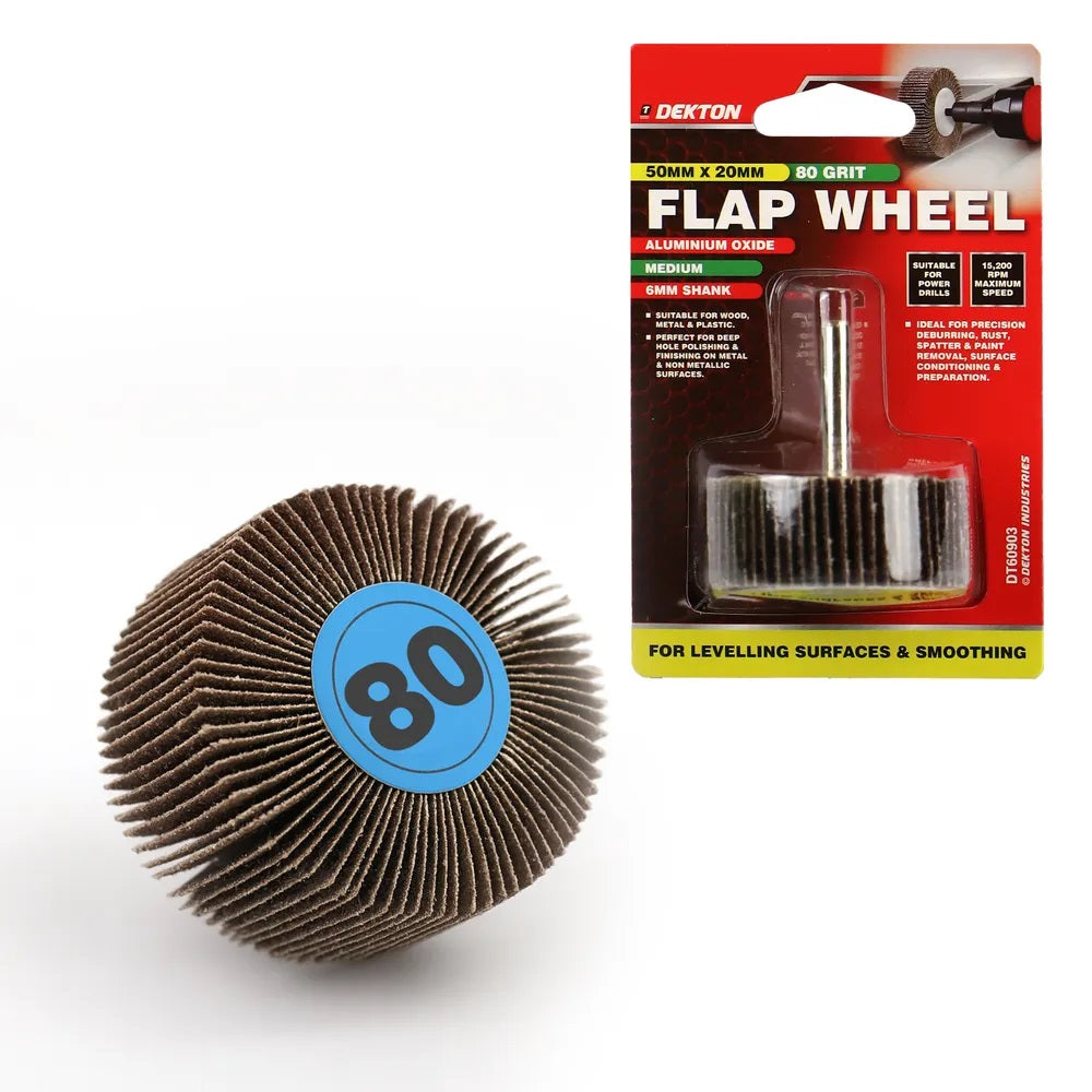 Dekton Flap Wheel Silver 50mm x 20mm DT60903 | 80 Grit | Extra Coarse | Aluminium Oxide | With 6mm Shank | For Precision Deburring-Rust-Paint and Varnish Removal | For Wood-Metal and Non-Metallic Surface Preparation | 15200 RPM Maximum Speed