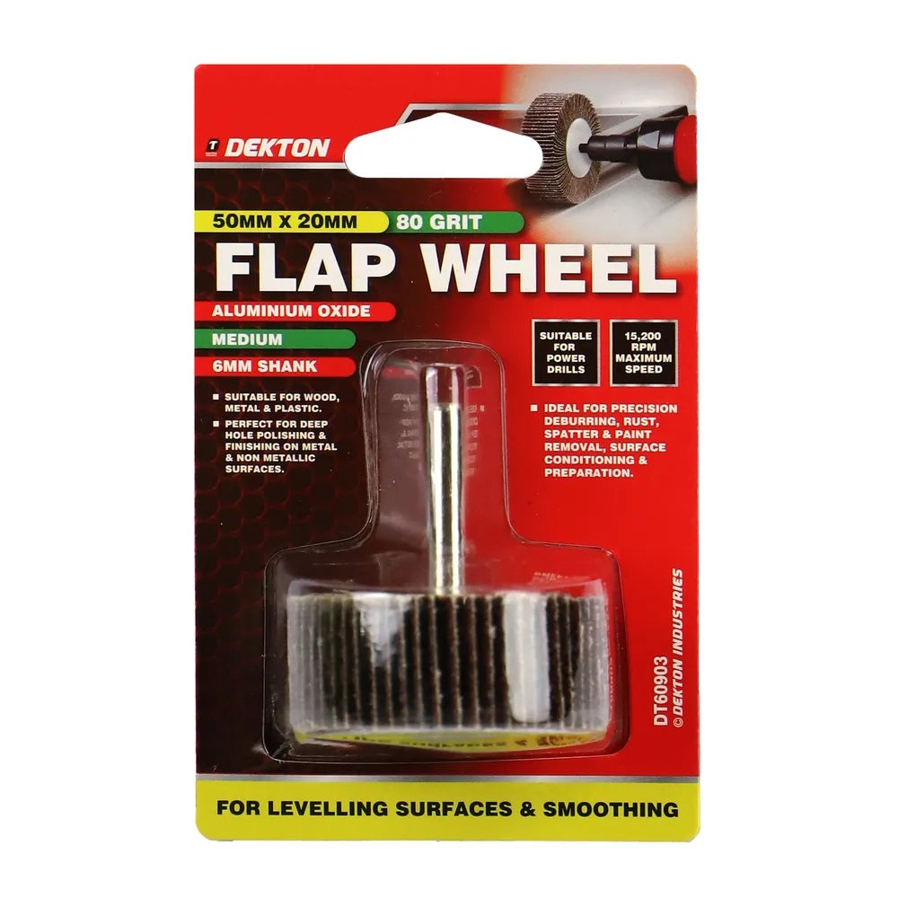 Dekton Flap Wheel Silver 50mm x 20mm DT60903 | 80 Grit | Extra Coarse | Aluminium Oxide | With 6mm Shank | For Precision Deburring-Rust-Paint and Varnish Removal | For Wood-Metal and Non-Metallic Surface Preparation | 15200 RPM Maximum Speed