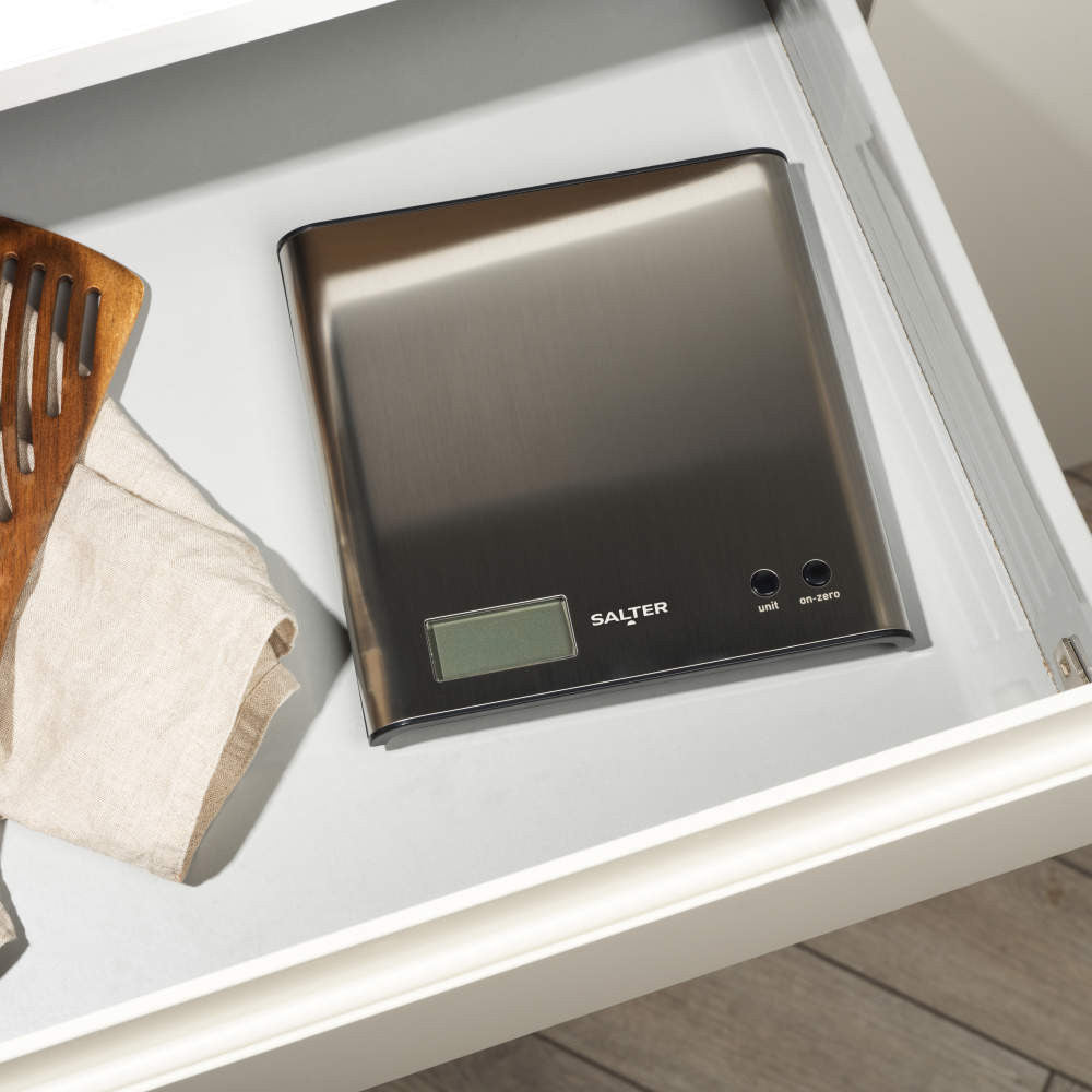 Salter Arc Stainless Steel Electronic Kitchen Scale Grey 180mm x 180mm x 25mm 1087 SSDRCEU16 | 3Kg Capacity | Digital Food Weighing Scale | Easy-to-Read LCD Display | Add and Weigh Zero Function | Compact and Sleek Design | Aquatronic for Measuring Liquid