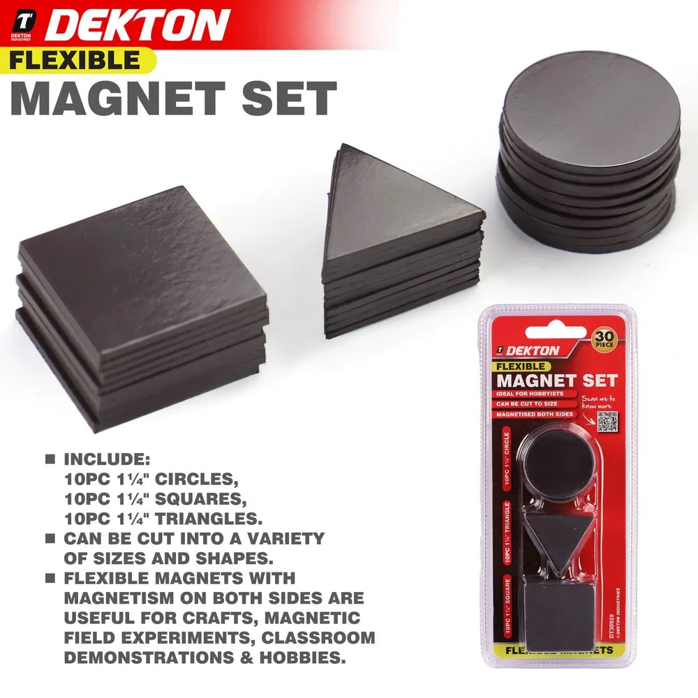 Dekton Flexible Magnet Black 1.25-Inch Pack of 30 DT30925 | Assorted Shapes Circle-Triangle and Square | Cut to Size | Double-Sided Magnetised | Ideal for Hobbyists and Crafts | 10-Piece Circle | 10-Piece Square | 10-Piece Triangle | For
