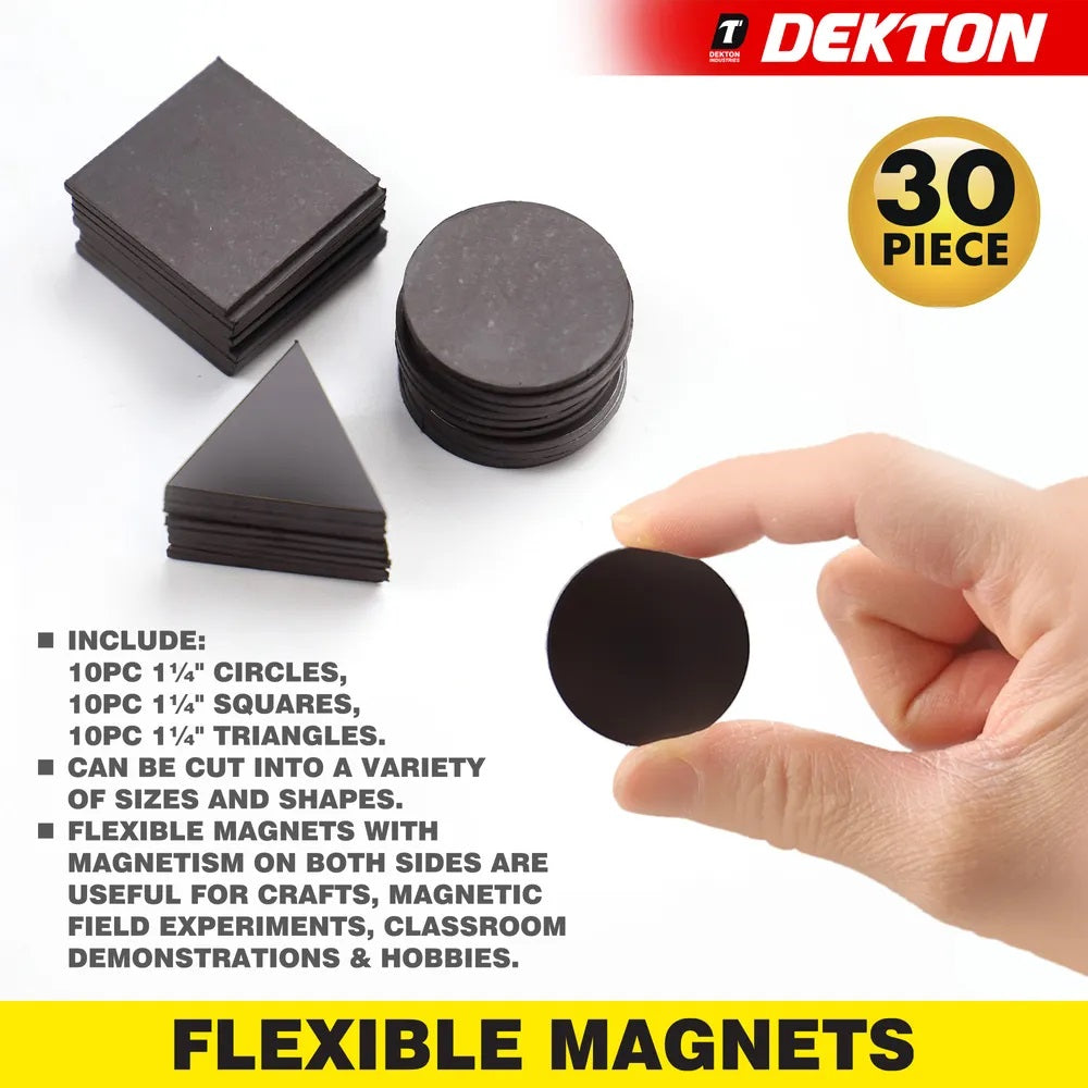 Dekton Flexible Magnet Black 1.25-Inch Pack of 30 DT30925 | Assorted Shapes Circle-Triangle and Square | Cut to Size | Double-Sided Magnetised | Ideal for Hobbyists and Crafts | 10-Piece Circle | 10-Piece Square | 10-Piece Triangle | For