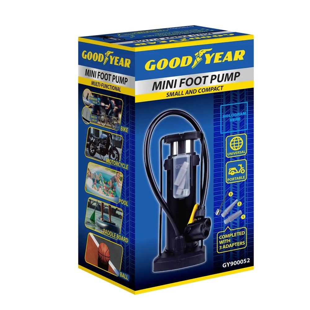 Goodyear Mini Foot Pump Black 900052 | Lightweight and Portable Air Pump | Compact and Sturdy Design | Lockable Valve | Ideal for Car-Bike and Sports Equipment | Multifunctional | Completed with 3 Adaptors | Universal