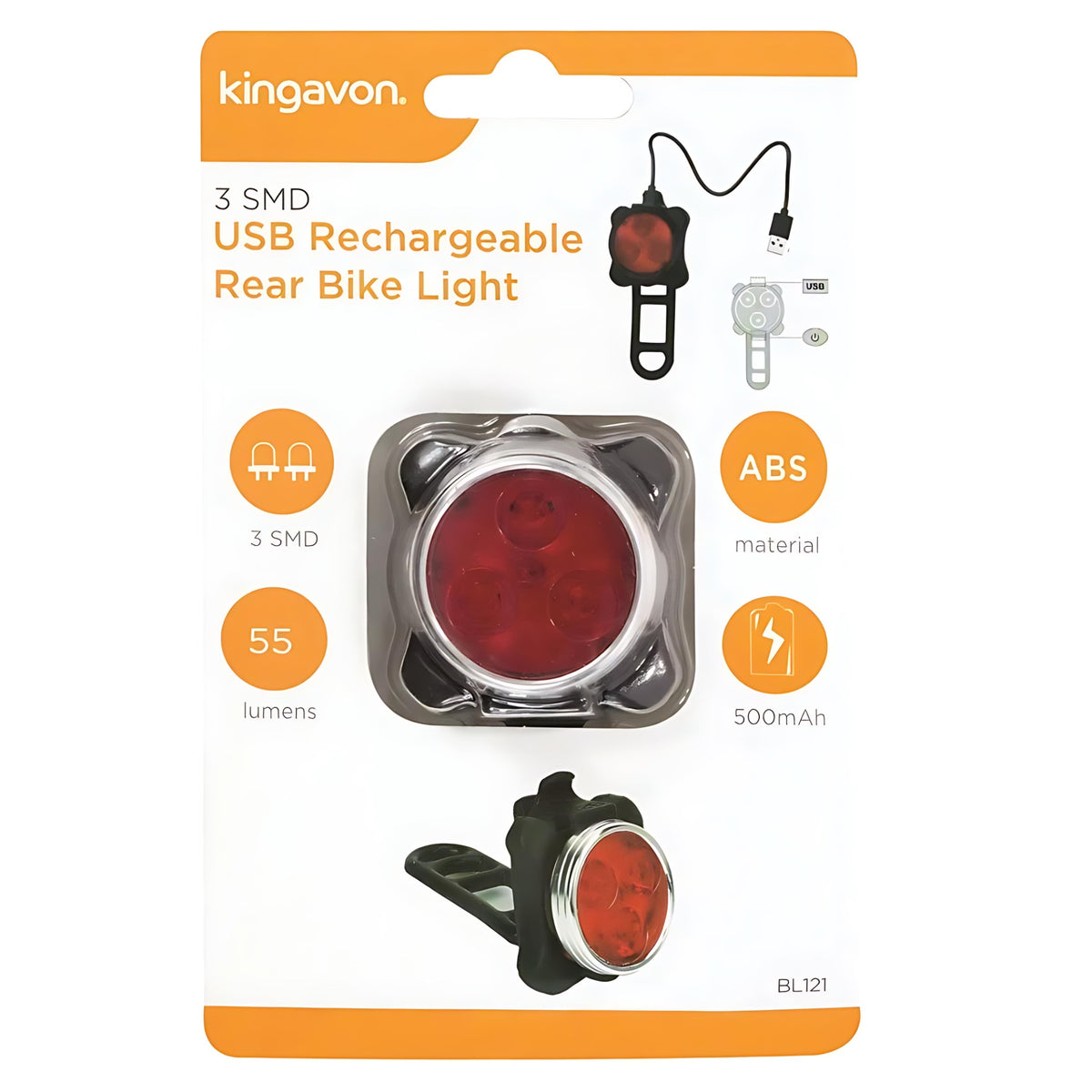 Kingavon 3 SMD USB Rechargeable Rear Bike Light Red 500mAh 50mm x 45mm x 40mm BL121 | ABS Material with Soft Finish | 55 Lumens | Easy to Install and Remove | Silicone Band with USB Cable | Light Modes 100 Percent-50 Percent-Slow-Flash-Flash