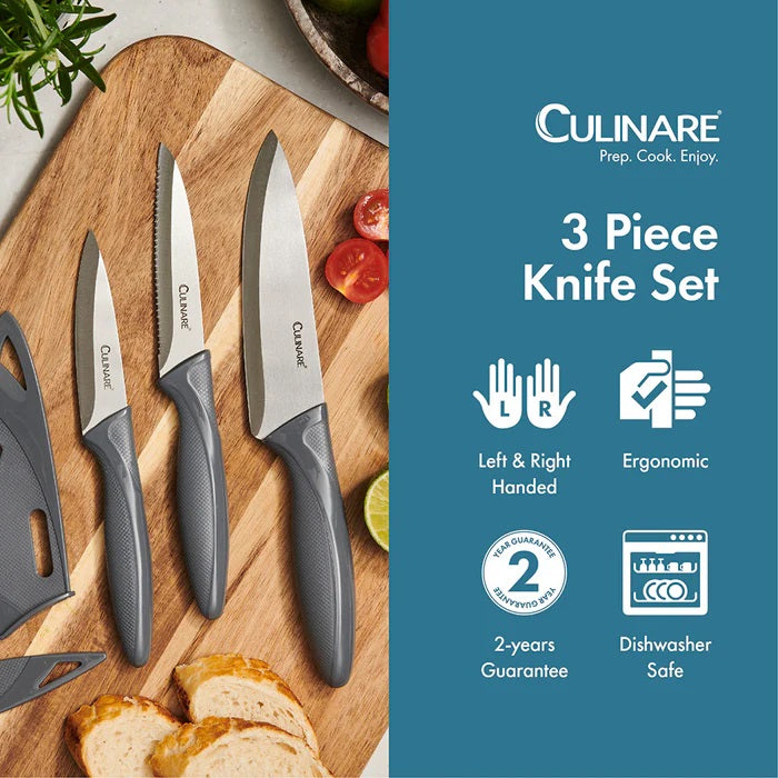 Culinare Kitchen Knife Set Grey Pack of 3 C240602 | Super Sharp Stainless Steel Blades | Comfortable Ergonomic Handles | Protective Blade Covers Included | Ideal for Precision Cutting-Chopping and Slicing | Set Includes 9cm Paring Knife | 10cm Serrated