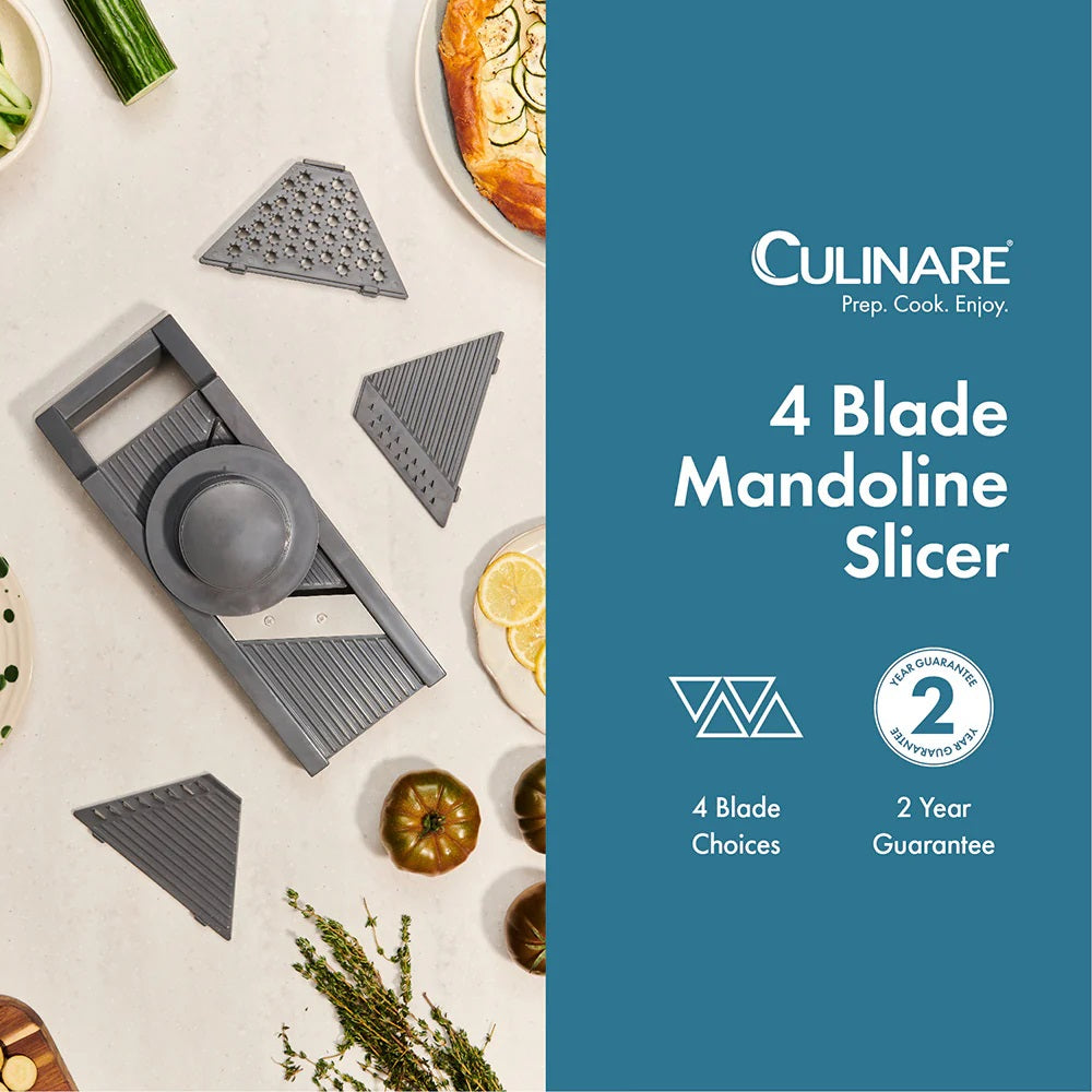 Culinare Mandoline Slicer with 4 Interchangeable Blades Grey C240701 | Ideal for Slicing-Julienne and Grating | Includes Safety Hand Guard | For Salads and Stir-Fries | Makes Food Prep Quick and Easy | Made from Durable Plastic and Stainless Steel