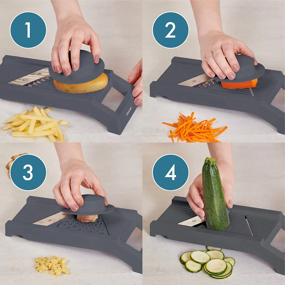 Culinare Mandoline Slicer with 4 Interchangeable Blades Grey C240701 | Ideal for Slicing-Julienne and Grating | Includes Safety Hand Guard | For Salads and Stir-Fries | Makes Food Prep Quick and Easy | Made from Durable Plastic and Stainless Steel