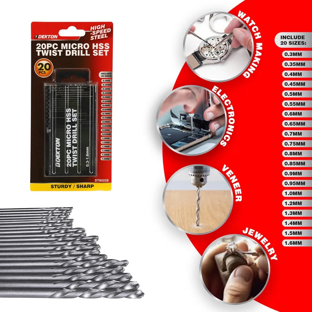 Dekton Micro HSS Twist Drill Bit Set Silver Pack of 20 DT80228 | High Speed Steel | For Electronics-Jewelry-Crafts-Veneer and Watch Making | Sizes 0.3mm to 1.6mm with Storage Case | Sturdy-Sharp | Easy to Store | Good Wear Resistance and Durability