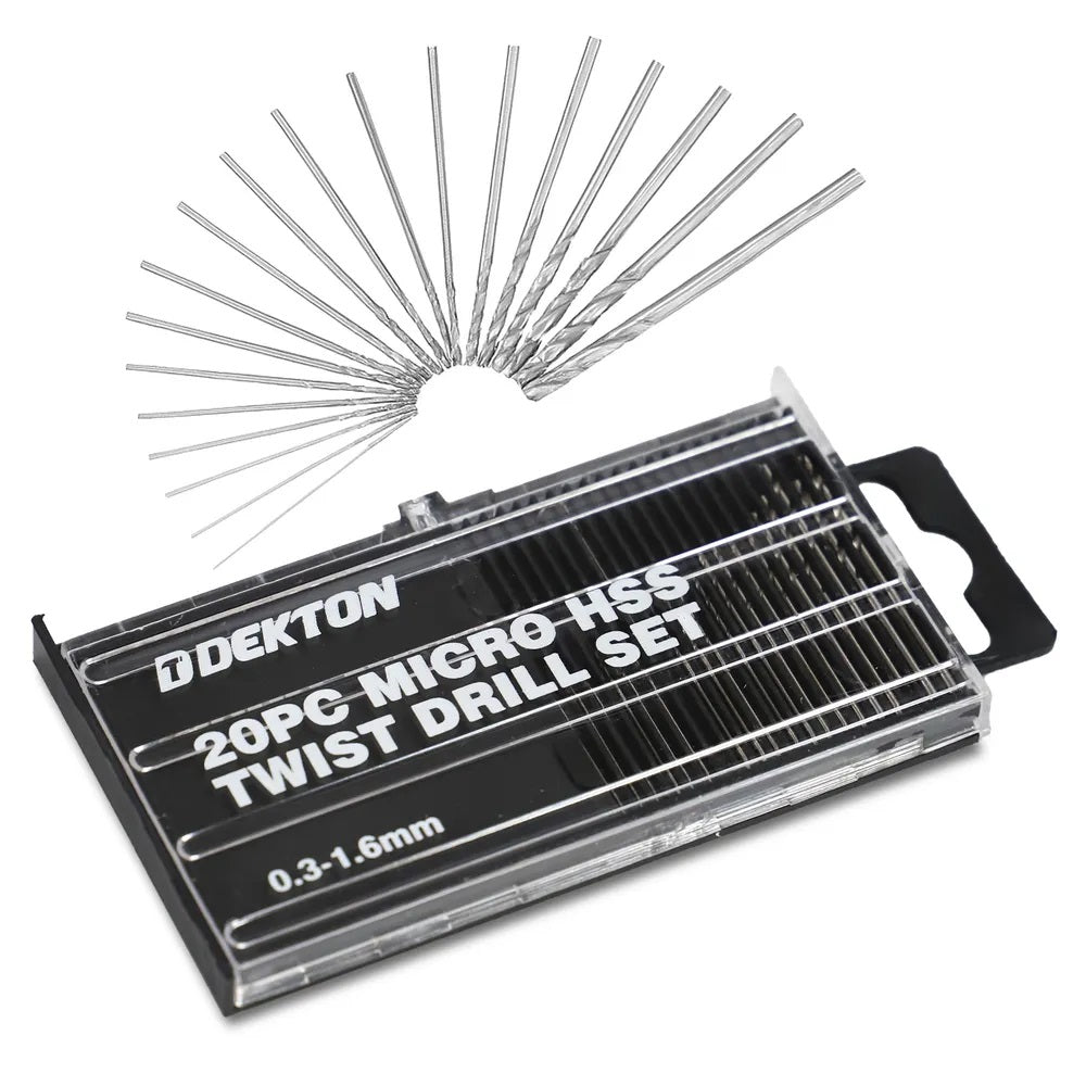 Dekton Micro HSS Twist Drill Bit Set Silver Pack of 20 DT80228 | High Speed Steel | For Electronics-Jewelry-Crafts-Veneer and Watch Making | Sizes 0.3mm to 1.6mm with Storage Case | Sturdy-Sharp | Easy to Store | Good Wear Resistance and Durability
