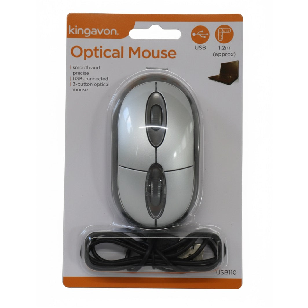 Kingavon USB Optical Mouse Grey 1.2Mtr USB110 | Smooth and Precise | USB Connected | 3 Button Optical Mouse