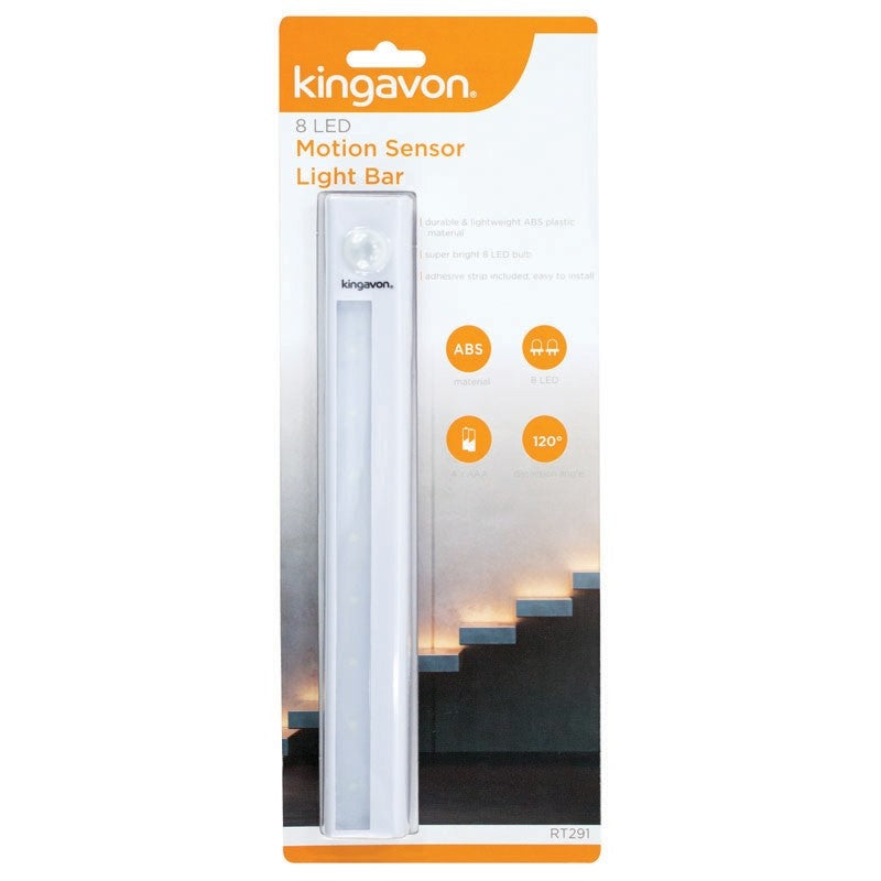 Kingavon 8 LED Motion Sensor Light Bar White 235mm x 30mm x 15mm RT291 | Battery Operated | 120 Degree Detection Angle | Durable ABS Plastic | Super Bright Lighting | Easy Install with Velcro Strip | Ideal for Hallways-Closets and Stairs | No Wiring or