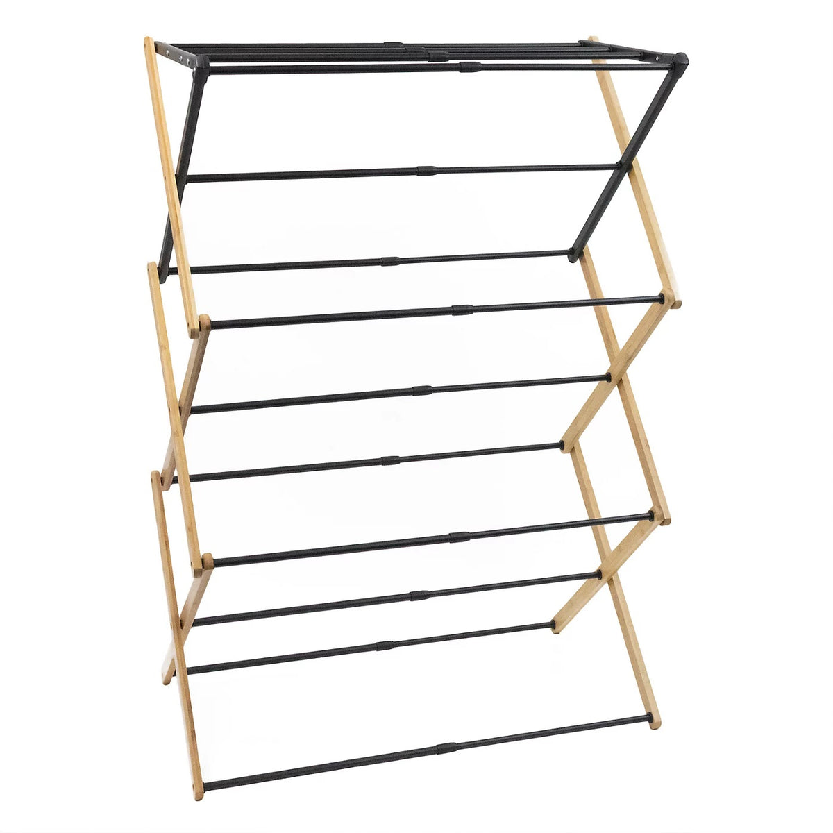 JVL Bamboo Extendable 3 Tier Clothes Drying Rack H107 x W43-74.5cm x D37cm Brown and Black 11-076 | Compact Foldable Airer | With 8Mtr Drying Space | Stylish Bamboo Frame | Adjustable Concertina Ladder Design | For Indoor and Outdoor Use | Durable and