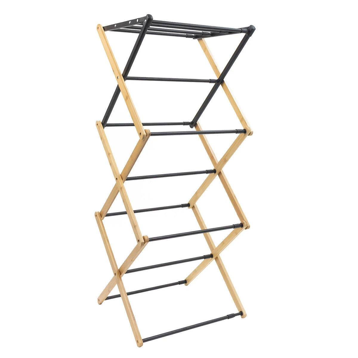 JVL Bamboo Extendable 3 Tier Clothes Drying Rack H107 x W43-74.5cm x D37cm Brown and Black 11-076 | Compact Foldable Airer | With 8Mtr Drying Space | Stylish Bamboo Frame | Adjustable Concertina Ladder Design | For Indoor and Outdoor Use | Durable and