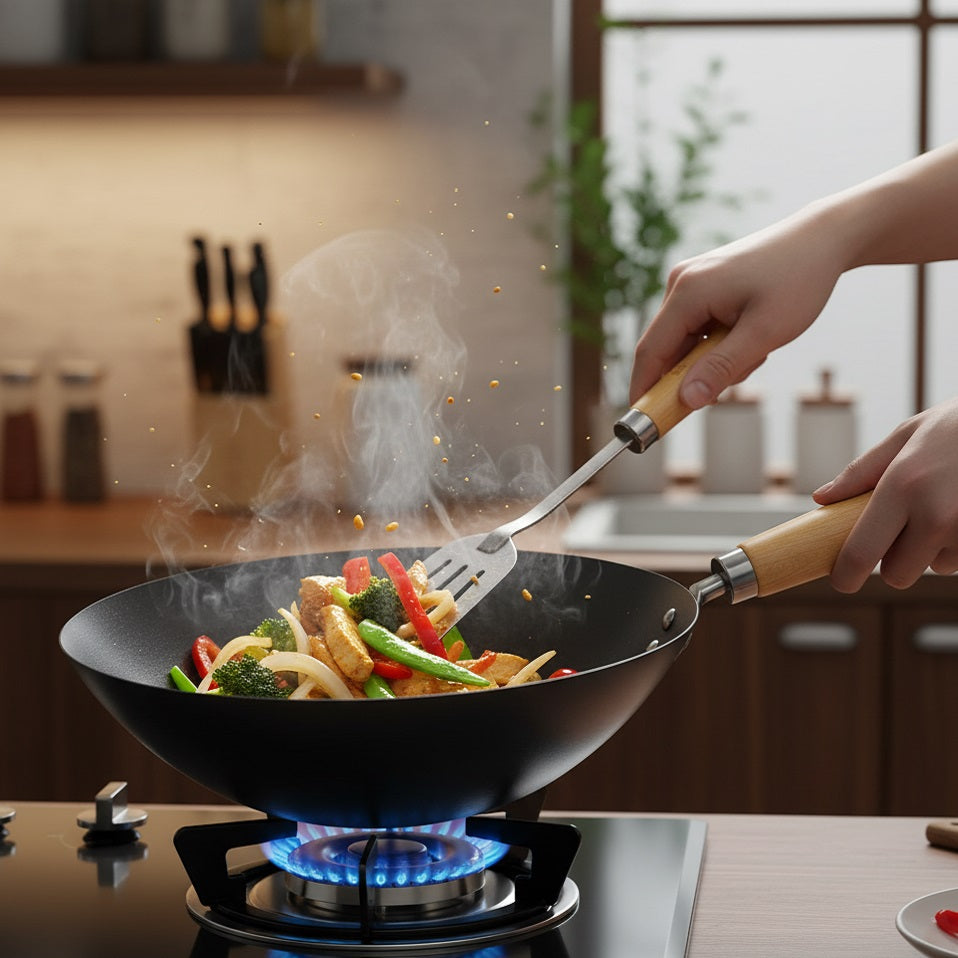 Ken Hom Carbon Steel Classic Wok Black 27cm KH327001 | Non-Stick | PFAs and PFOA Free | Suitable for Gas - Ceramic and Electric Hobs