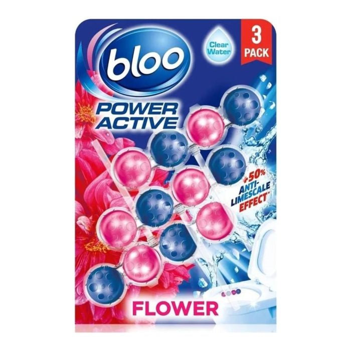Henkel Bloo Power Active Clear Water Flower Rim Block Blue and Pink Pack of 3 11427