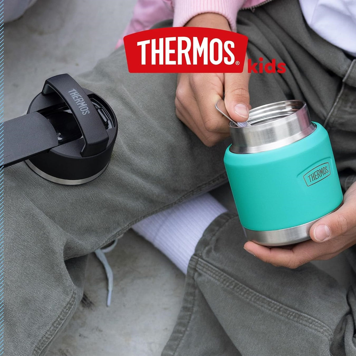 Thermos Icon Series Food Flask with Carry Handle Aqua Blue 355ml 249671 | Includes Stainless Steel Spoon | Vacuum Insulated Stainless Steel | 8-Hrs Hot and 18-Hrs Cold | Leakproof | Durable and Portable | Non-slip Base | Pressure Relief Stopper