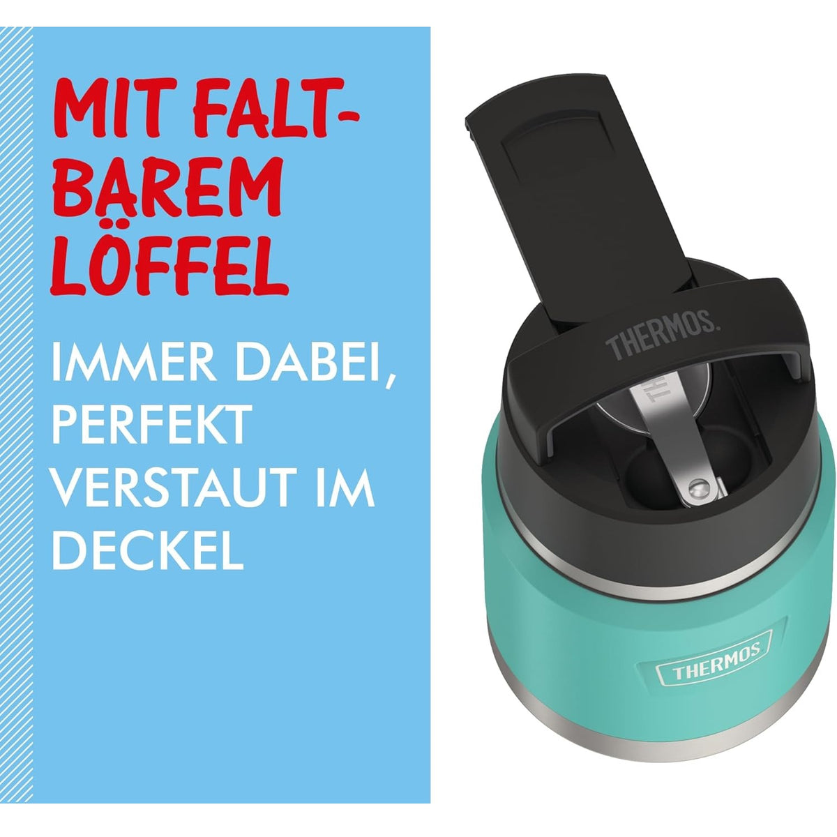 Thermos Icon Series Food Flask with Carry Handle Aqua Blue 355ml 249671 | Includes Stainless Steel Spoon | Vacuum Insulated Stainless Steel | 8-Hrs Hot and 18-Hrs Cold | Leakproof | Durable and Portable | Non-slip Base | Pressure Relief Stopper