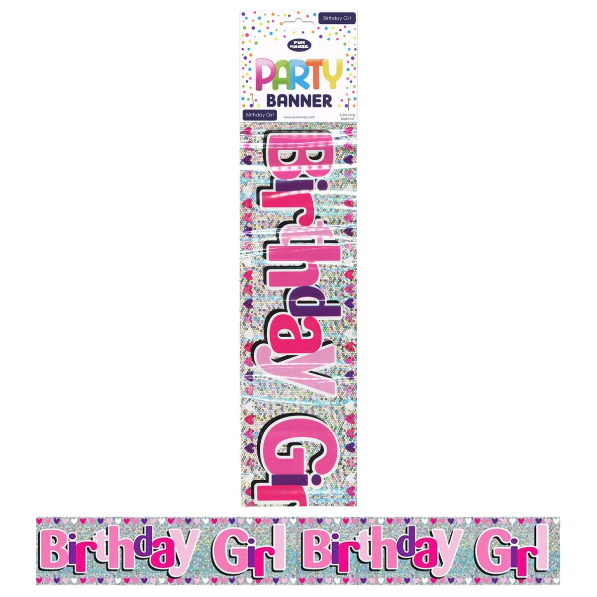 Eurowrap Funhouse Birthday Girl Party Banner Multicoloured 2.6Mtr 6837-NHBGC | Holographic Pink and Silver Party Decoration | Shiny Metallic Finish | Perfect for Birthday Celebrations