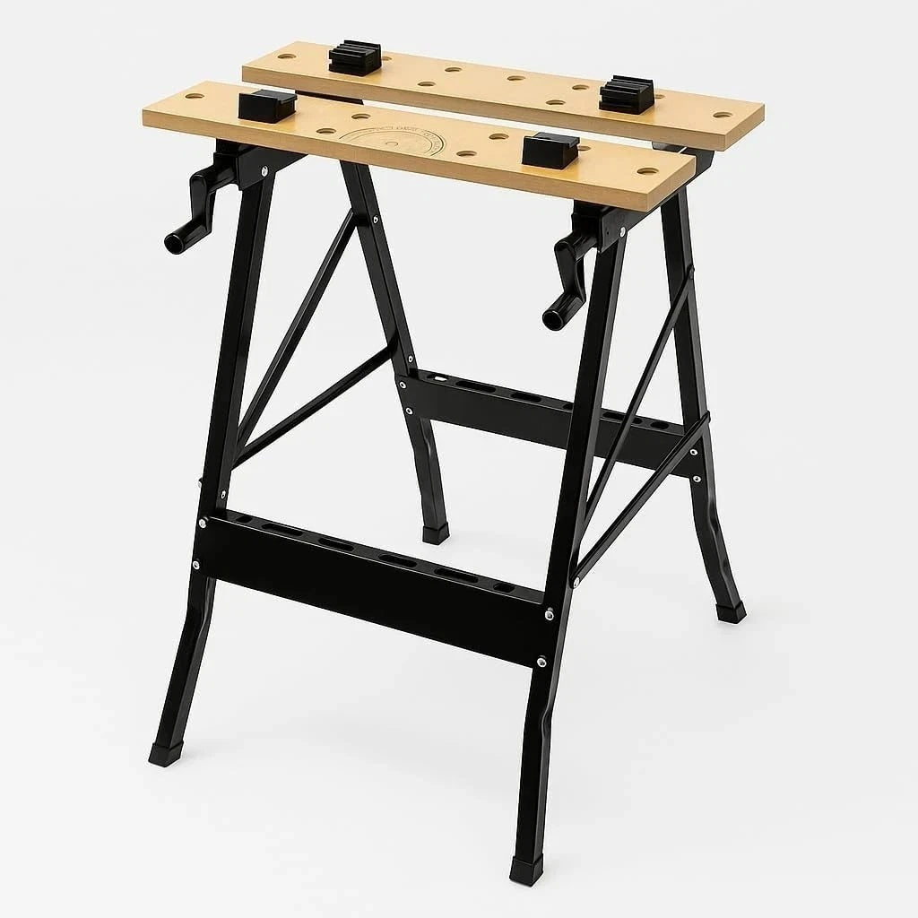 Blackspur Bench n Vice Black 560mm x 100mm x 18mm BNV101 | Foldable Workbench with MDF Top | Durable Steel Frame | Adjustable Swivel Pegs | Dual Clamping Cranks | Anti-Slip Rubber Feet | Compact and Portable Work Table | With Handy on the Job Tool