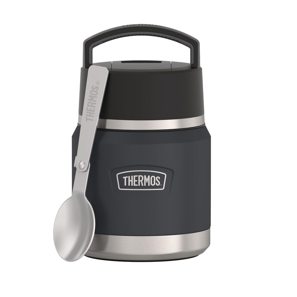 Thermos Icon Series Food Flask with Carry Handle Black 355ml 247216 | Includes Stainless Steel Spoon | Vacuum Insulated Stainless Steel | 8-Hrs Hot and 18-Hrs Cold | Leakproof | Durable and Portable | Non-slip Base | Pressure Relief Stopper
